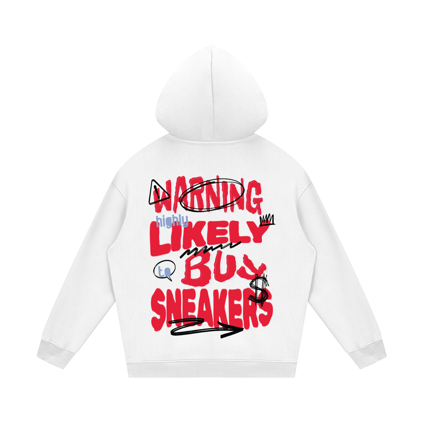 White hoodie with colorful text and graphics on a white background