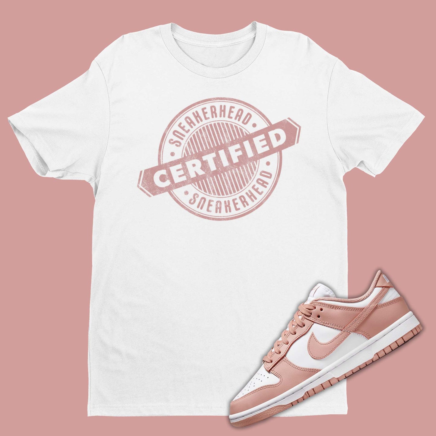 The perfect shirt to match your Nike Dunk Rose Whisper sneakers! Our Match Rose Whisper Dunks t-shirt is made to compliment your kicks. Bring your sneakers to the next level with this Dunk Rose Whisper shirt. Match and feel trendy with this graphic tee! Certified Sneakerhead stamp print on front.