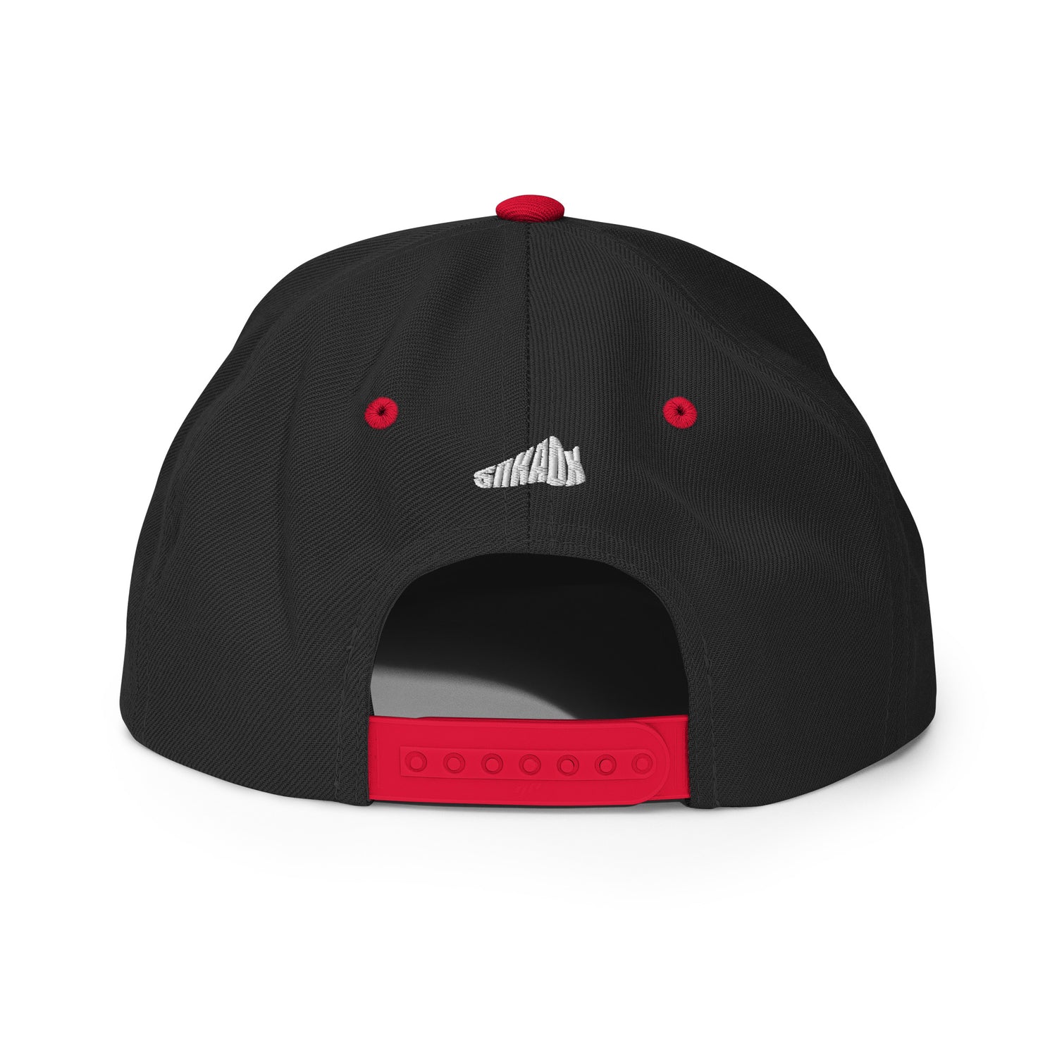 Back view of black and red snapback,