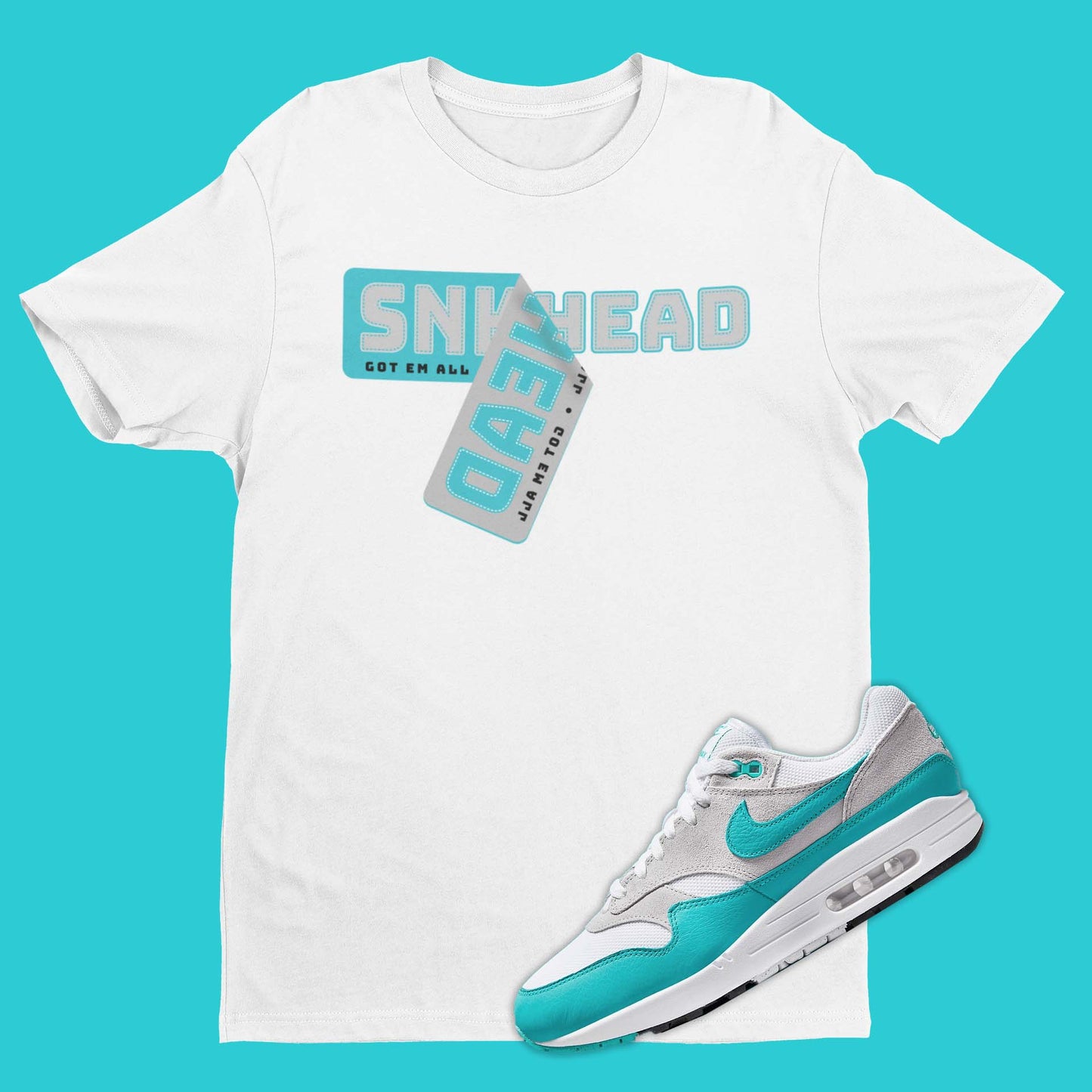 Nike Air Max 1 Clear Jade shirt in white color with 'sneakerhead' on the front