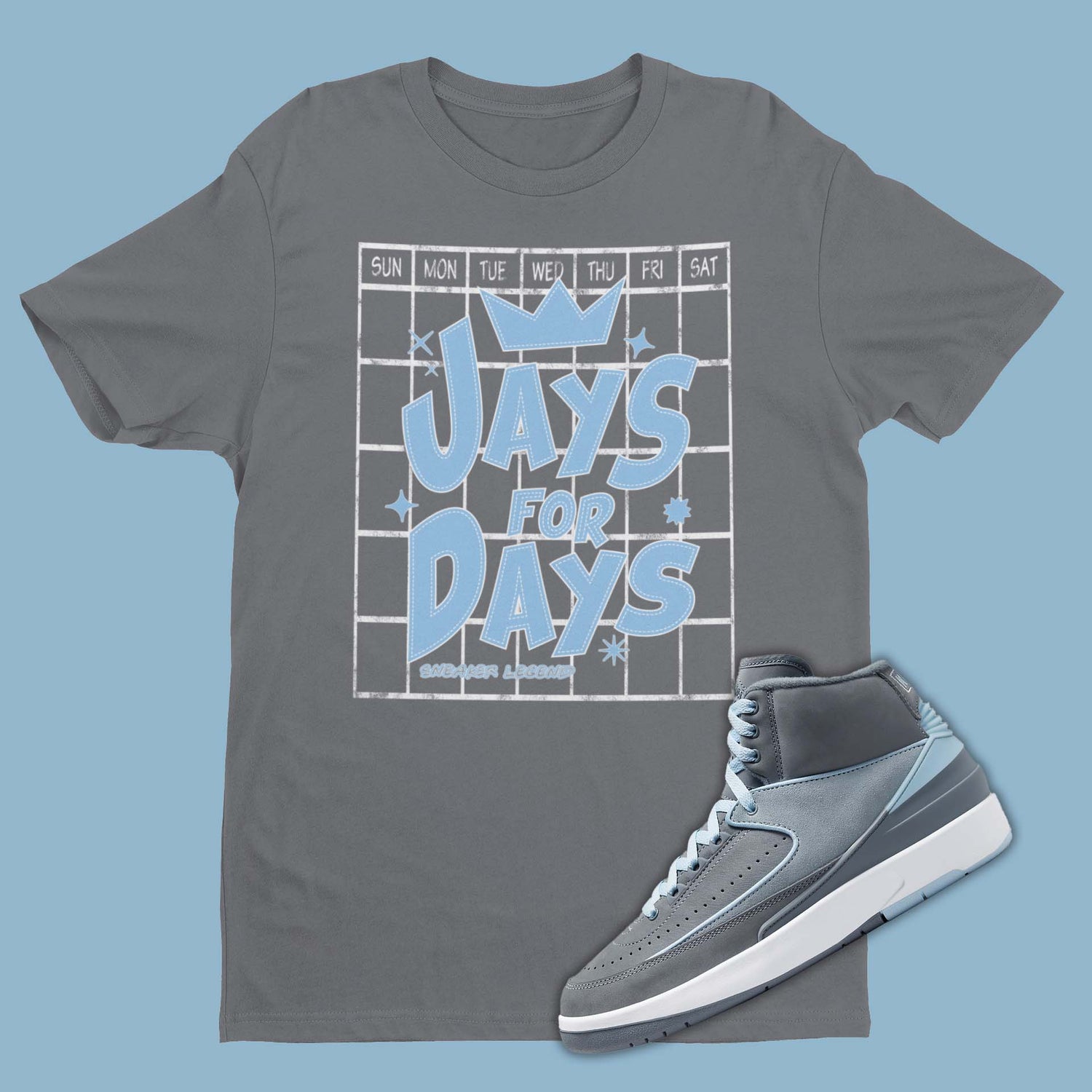 Grey t-shirt featuring a graphic of Jays For Days over a Calendar, designed to complement the sleek and stylish Air Jordan 2 Cool Grey sneakers