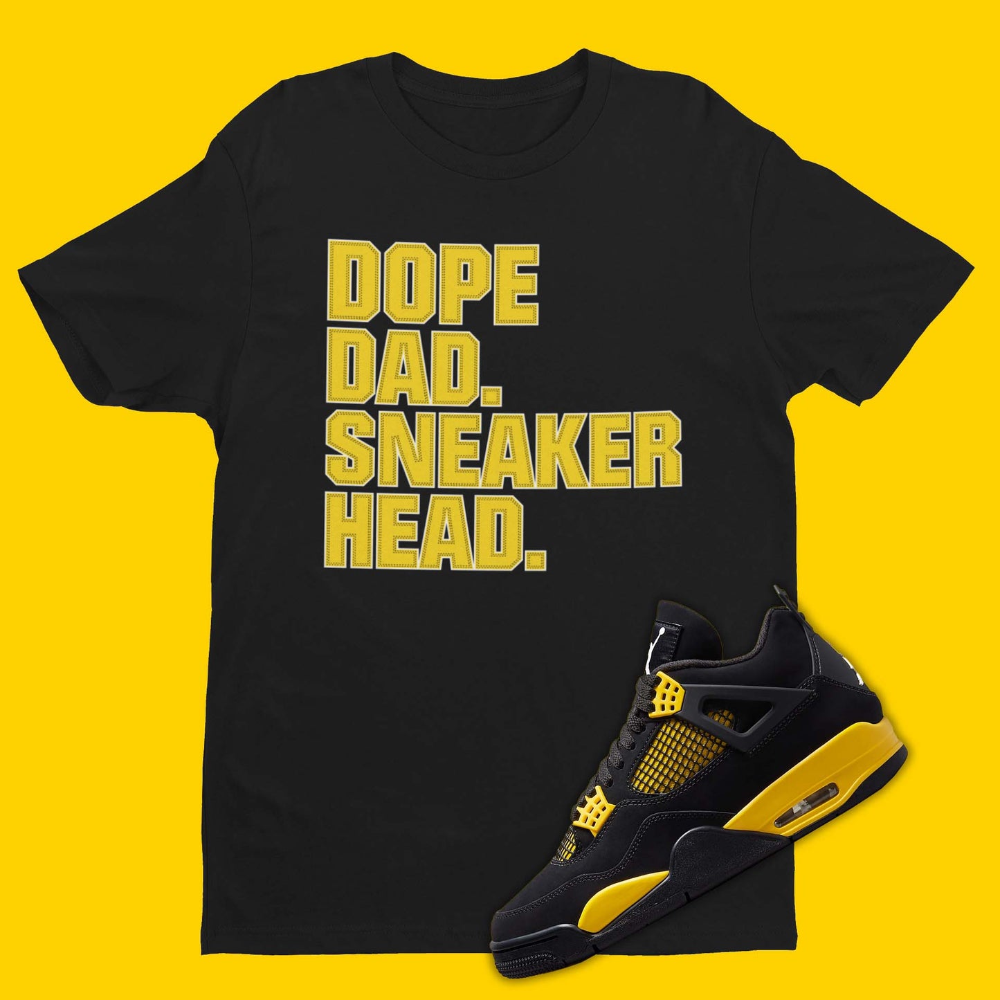 Black crew neck t-shirt with 'Dope Das Sneakerhead' design inspired by Air Jordan 4 Thunder sneakers.