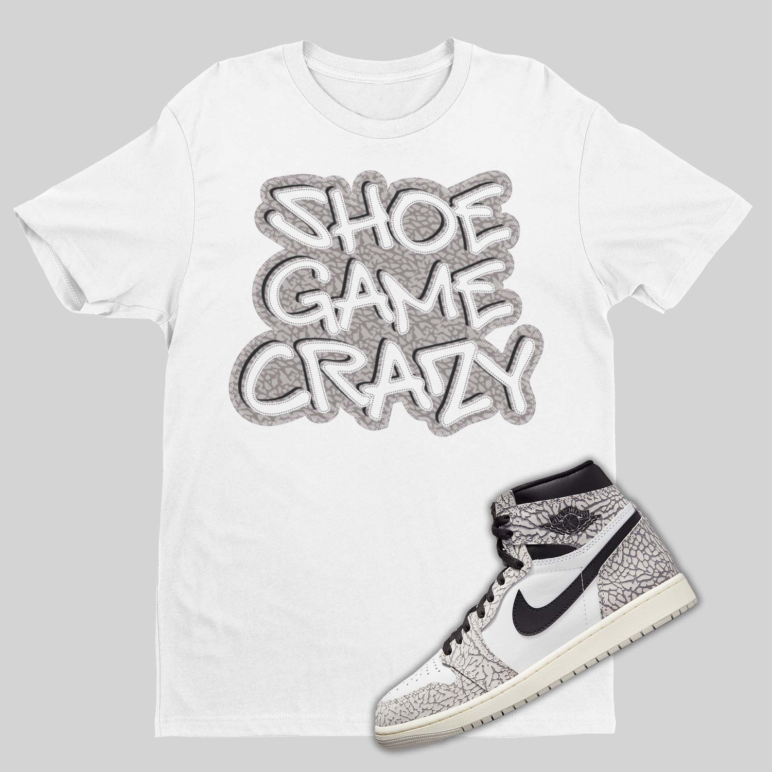 The perfect hip-hop white shirt to match your sneakers! Our Match Jordan 1 t-shirt is made to compliment your kicks. Bring your sneakers to the next level with this Elephant Print Air Jordan 1 shirt. Match and feel trendy with this graphic tee!