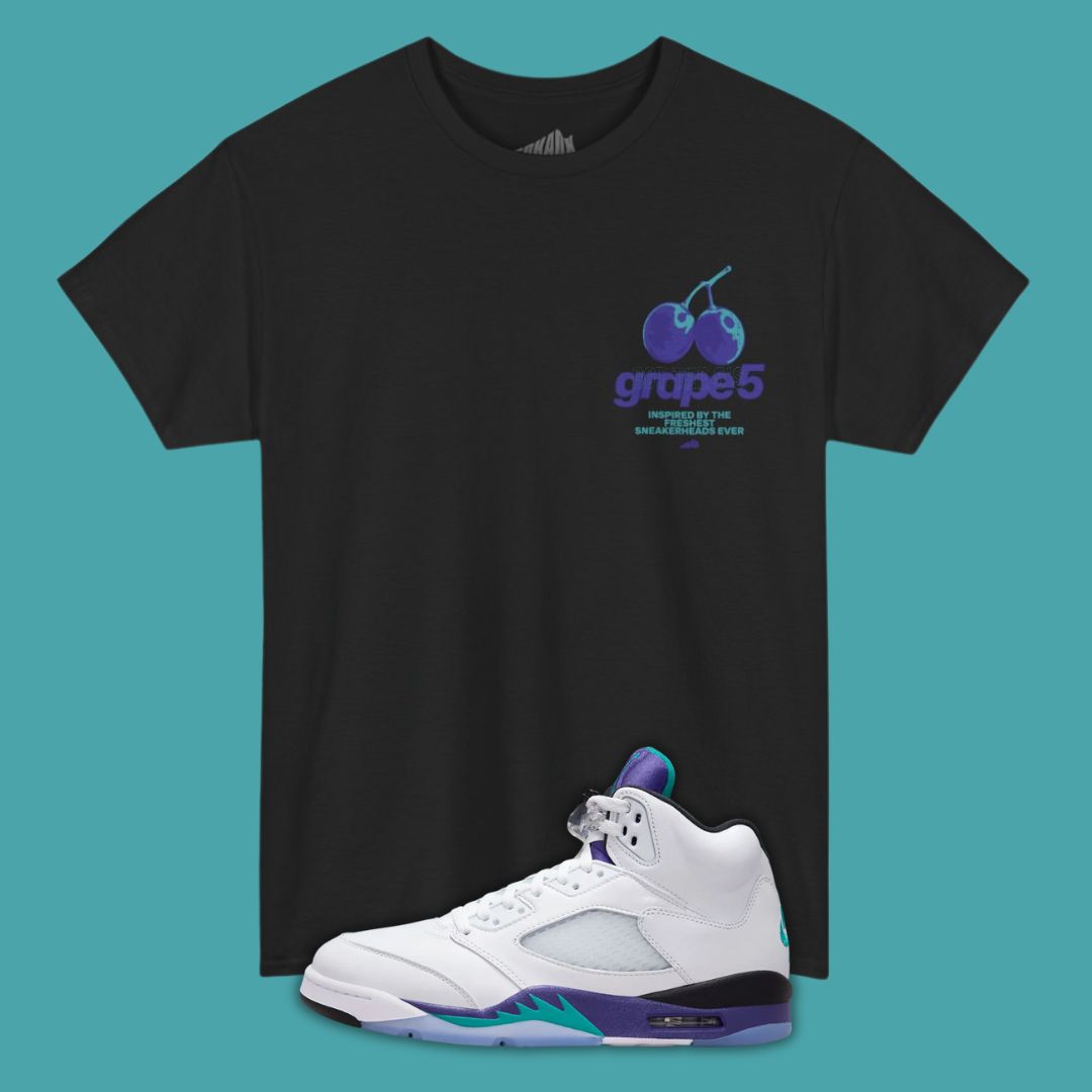 front view Grape 5's Typography T-Shirt Matching Jordan 5 Grape 2025 - Black