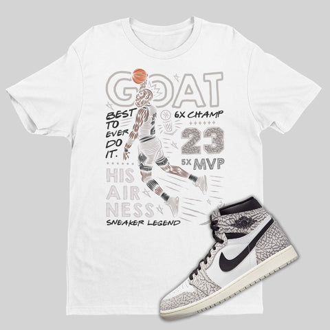 Air Jordan 1 Retro High OG white cement white shirt with jordan dunking a basketball