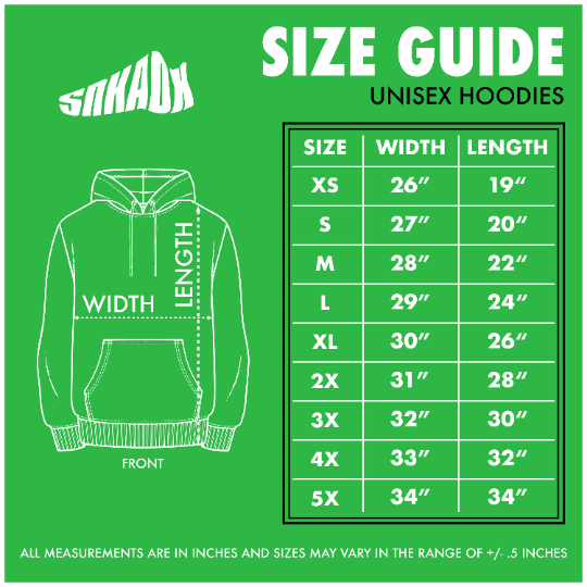 Illustrated size guide for adult unisex hoodie, providing measurements and a chart to determine the correct fit. Includes guidance on measuring shoulder width and torso length. Helpful tips for selecting the right size based on body type.