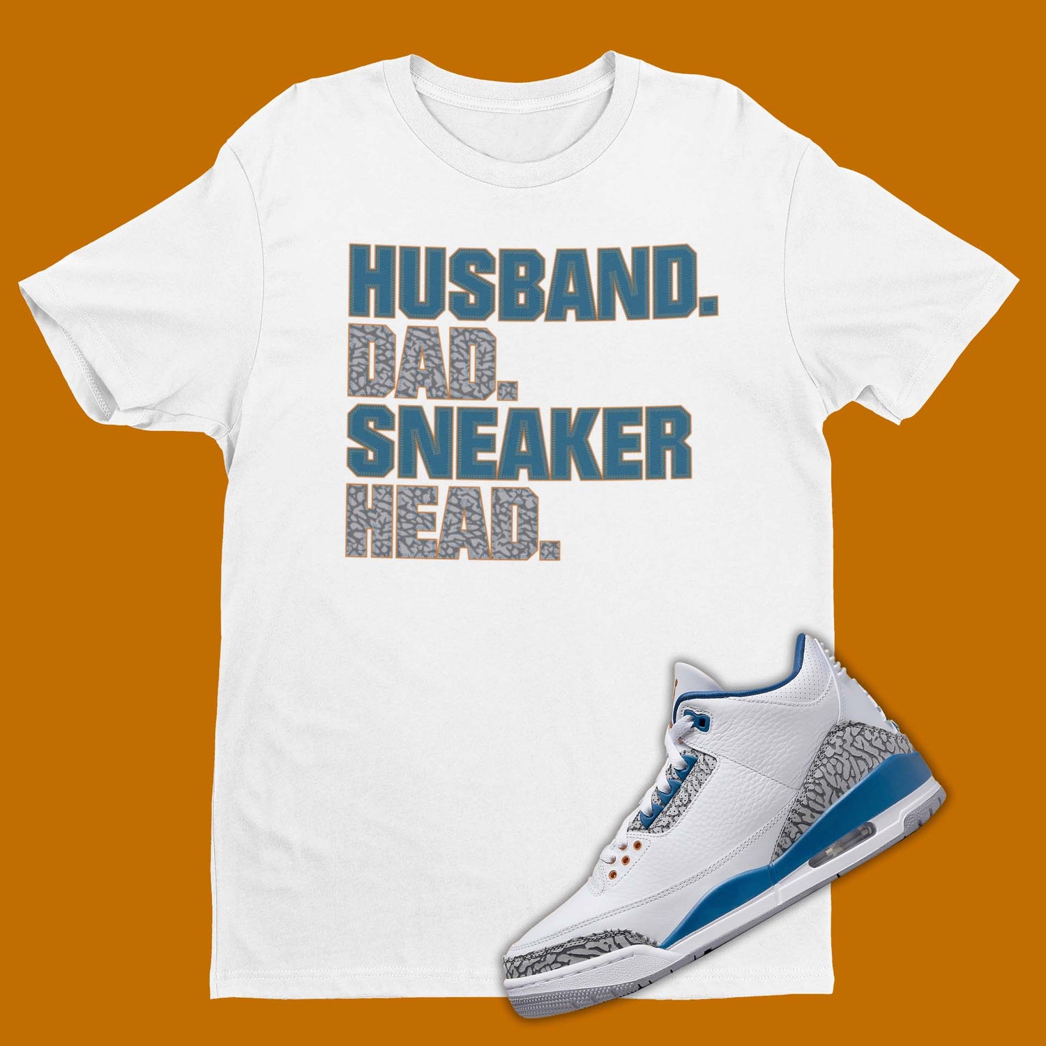 The perfect husband dad sneakerhead shirt to match your sneakers! Our Match Jordan 3 t-shirt is made to compliment your kicks. Bring your sneakers to the next level with this Wizards Air Jordan 3 shirt. Match and feel trendy with this graphic tee!