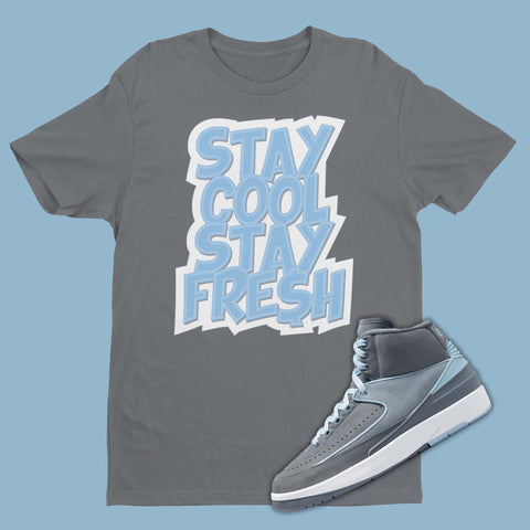 Grey t-shirt featuring a graphic of Stay Cool Stay Fresh text, designed to complement the sleek and stylish Air Jordan 2 Cool Grey sneakers