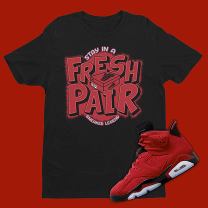 Fresh Pair Air Jordan 6 Toro Bravo Matching Shirt in black with shoe box on the front