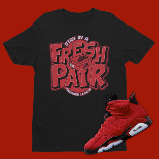 Fresh Pair Air Jordan 6 Toro Bravo Matching Shirt in black with shoe box on the front