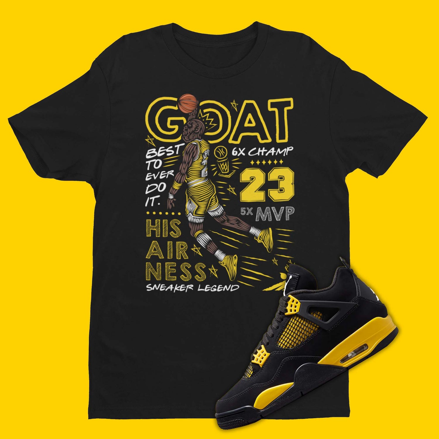 GOAT crew neck black t-shirt with 'Jordan Dunking' design inspired by Air Jordan 4 Thunder sneakers.