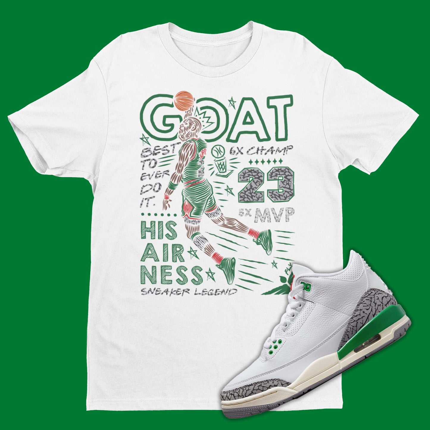 Air Jordan 3 Lucky Green Matching T-Shirt with Michael Jordan Dunking on the front