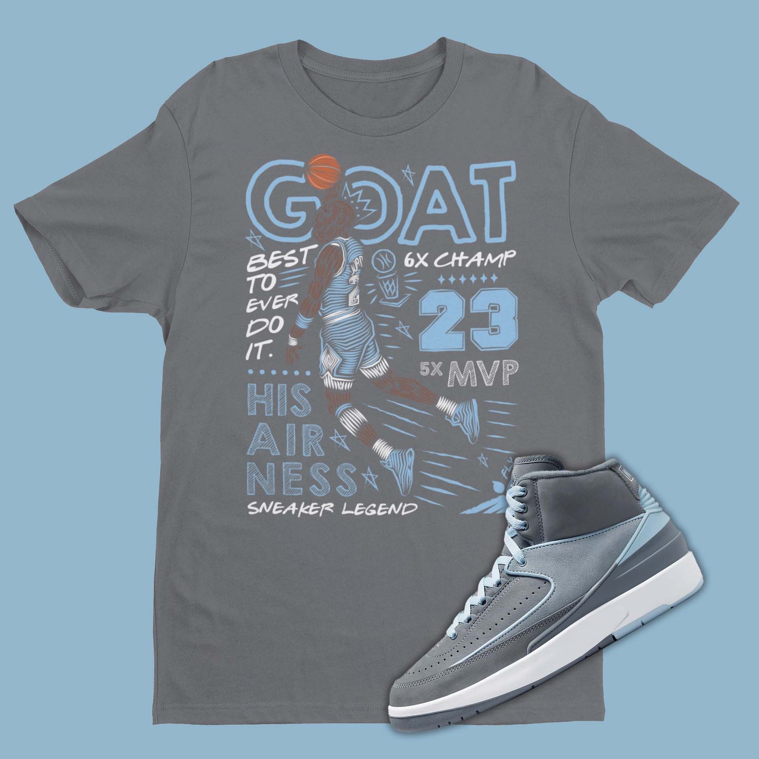 Grey t-shirt featuring a graphic of Michael Jordan dunking, designed to complement the sleek and stylish Air Jordan 2 Cool Grey sneakers