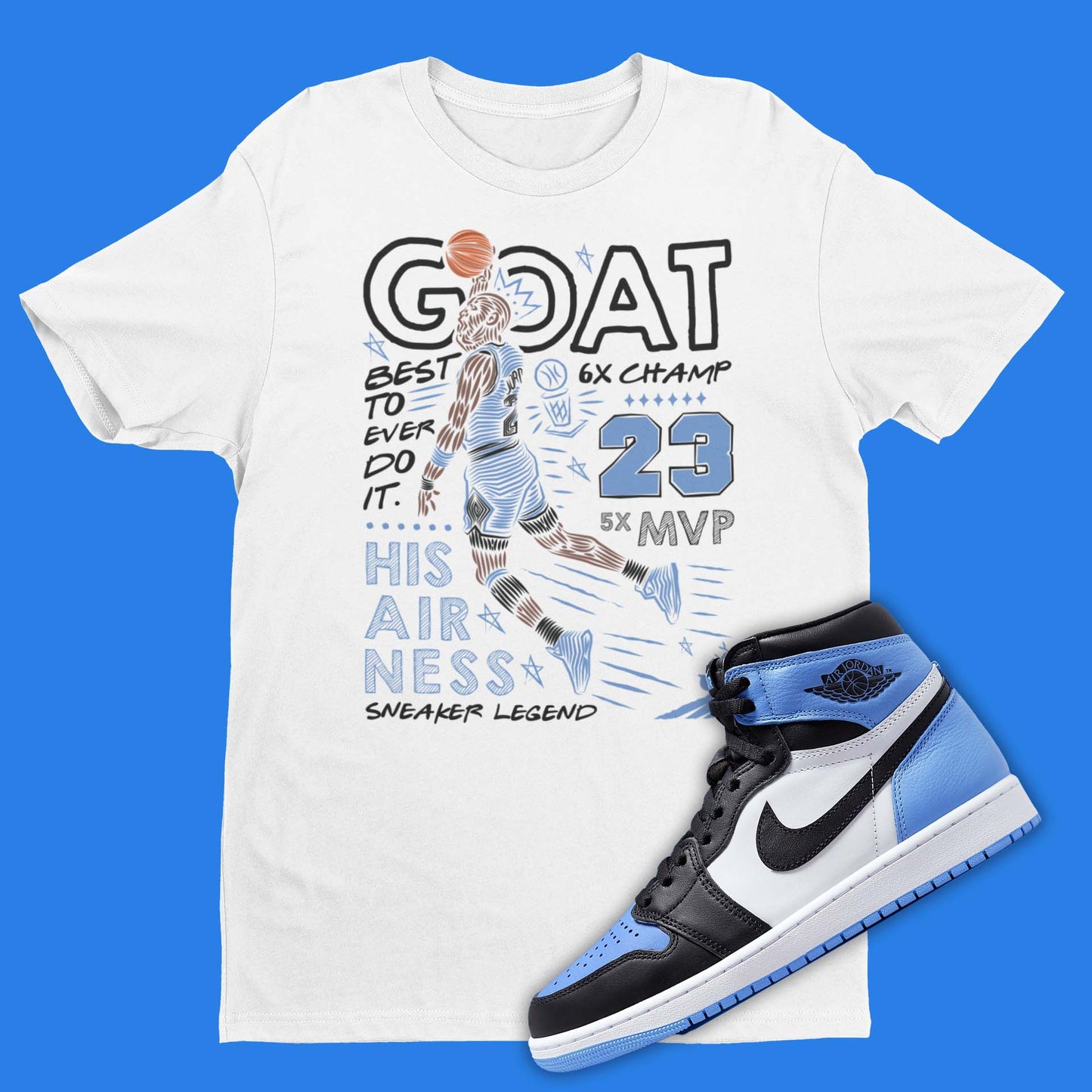 GOAT Shirt Matching Air Jordan 1 Retro High OG UNC Toe with Michael Jordan dunking on the front