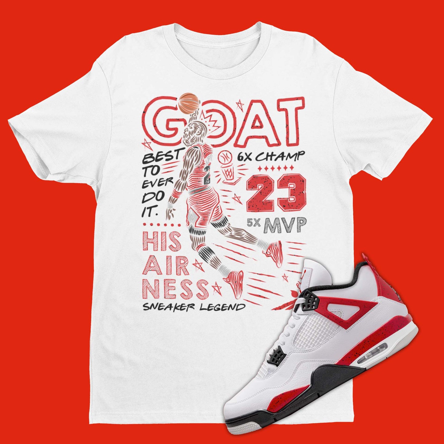 Air Jordan 4 Red Cement inspired t-shirt with Michael Jordan Dunking on the front with GOAT text.