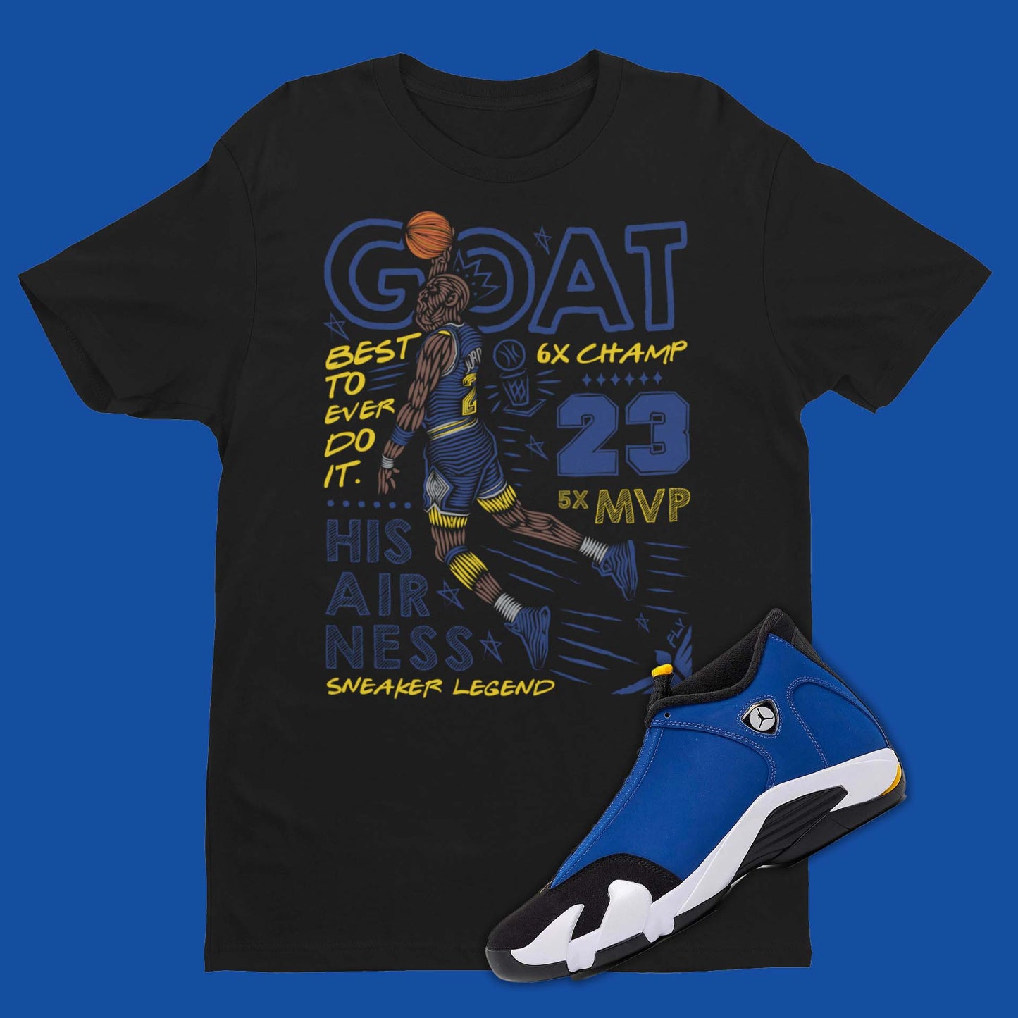 GOAT Shirt Matching Air Jordan 14 Laney in black with michael jordan dunking on front.