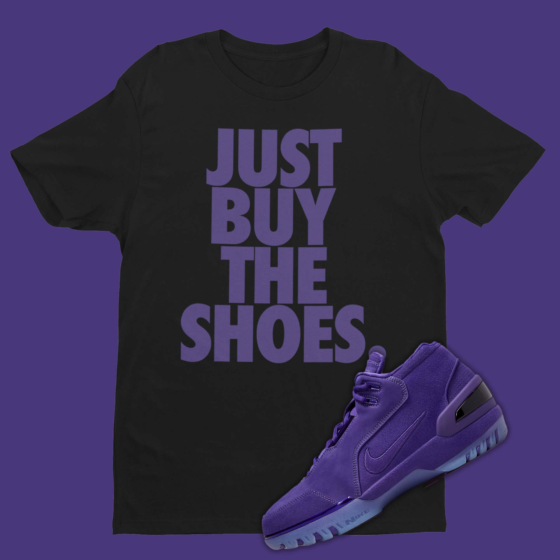 Nike Air Zoom Gneration Court Purple matching shirt in black with "Just Buy The Shoes" on front in purple