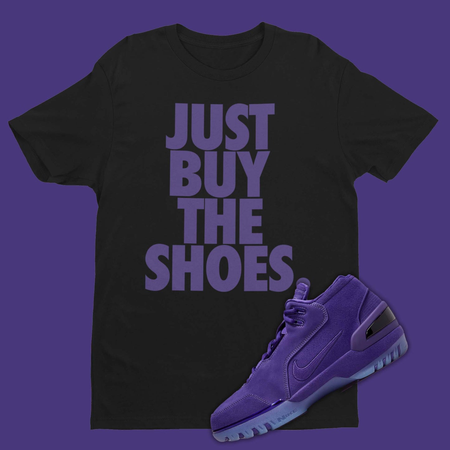 Nike Air Zoom Gneration Court Purple matching shirt in black with "Just Buy The Shoes" on front in purple