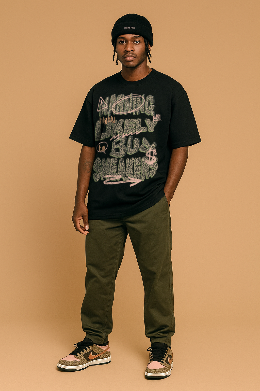 Man wearing a black t-shirt with text, green pants, and a black beanie on a beige background