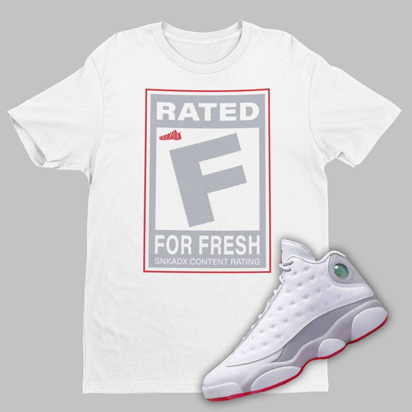 Rated F For Fresh Air Jordan 13 Wolf Grey Matching T-Shirt with video game rating on the front from SNKADX