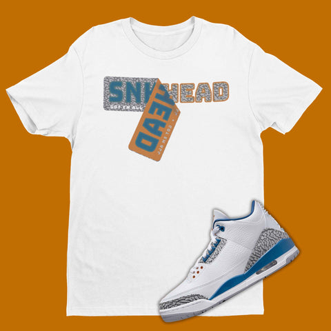 The perfect sneakerhead sticker shirt to match your sneakers! Our Match Jordan 3 t-shirt is made to compliment your kicks. Bring your sneakers to the next level with this Wizards Air Jordan 3 shirt. Match and feel trendy with this graphic tee!