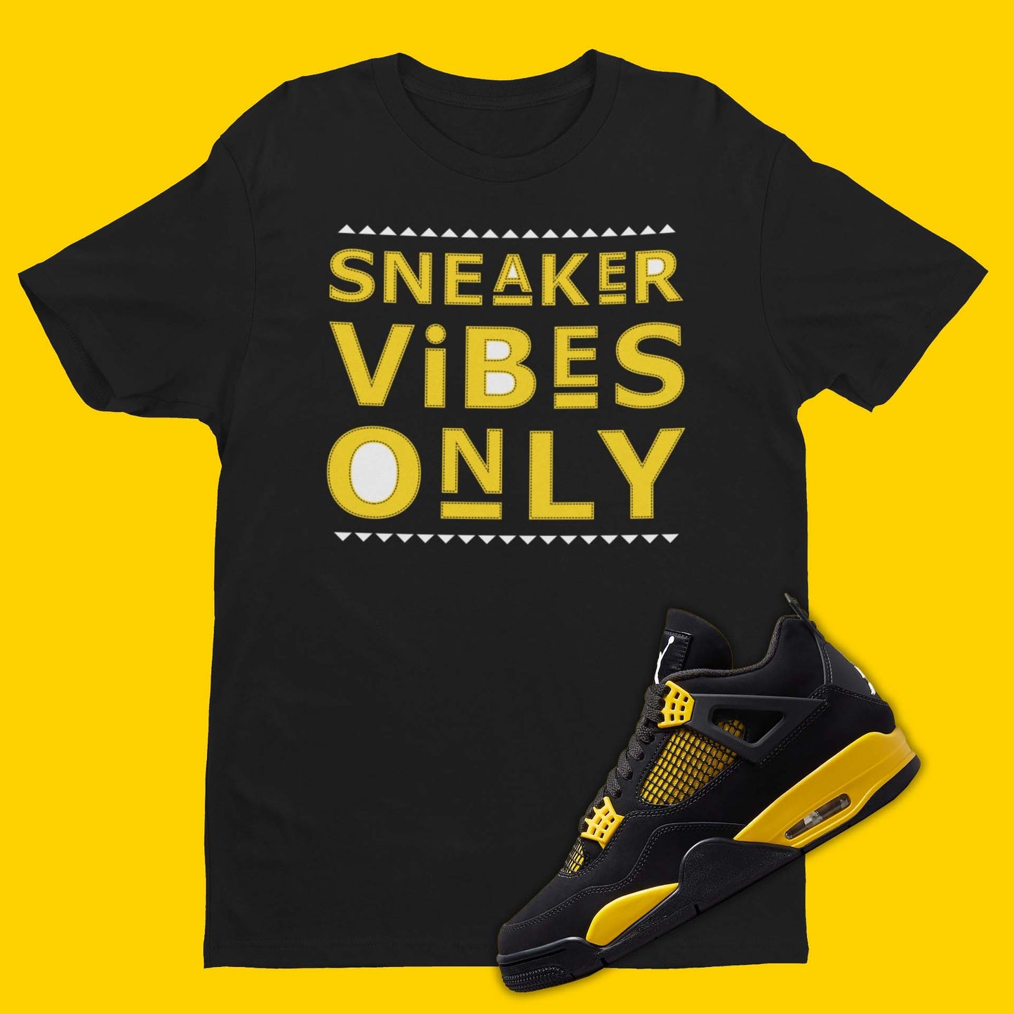 Martin TV Show crew neck black t-shirt with 'Sneaker Vibes Only' design inspired by Air Jordan 4 Thunder sneakers.