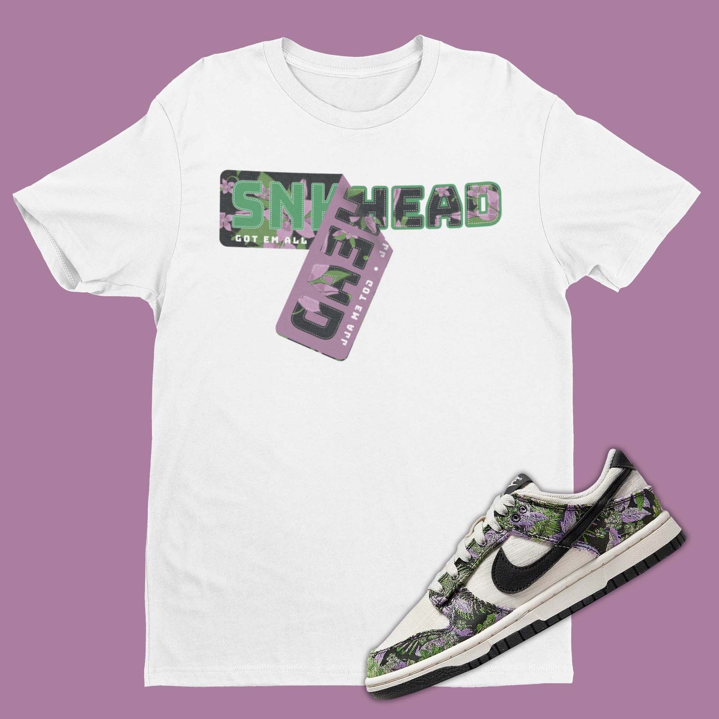 Stay stylish with the Sneaker Sticker Nike Dunk Low Floral Tapestry Matching T-Shirt from SNKADX