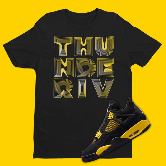 Thunder IV 3D crew neck black t-shirt with 'Thunder IV' design inspired by Air Jordan 4 Thunder sneakers.