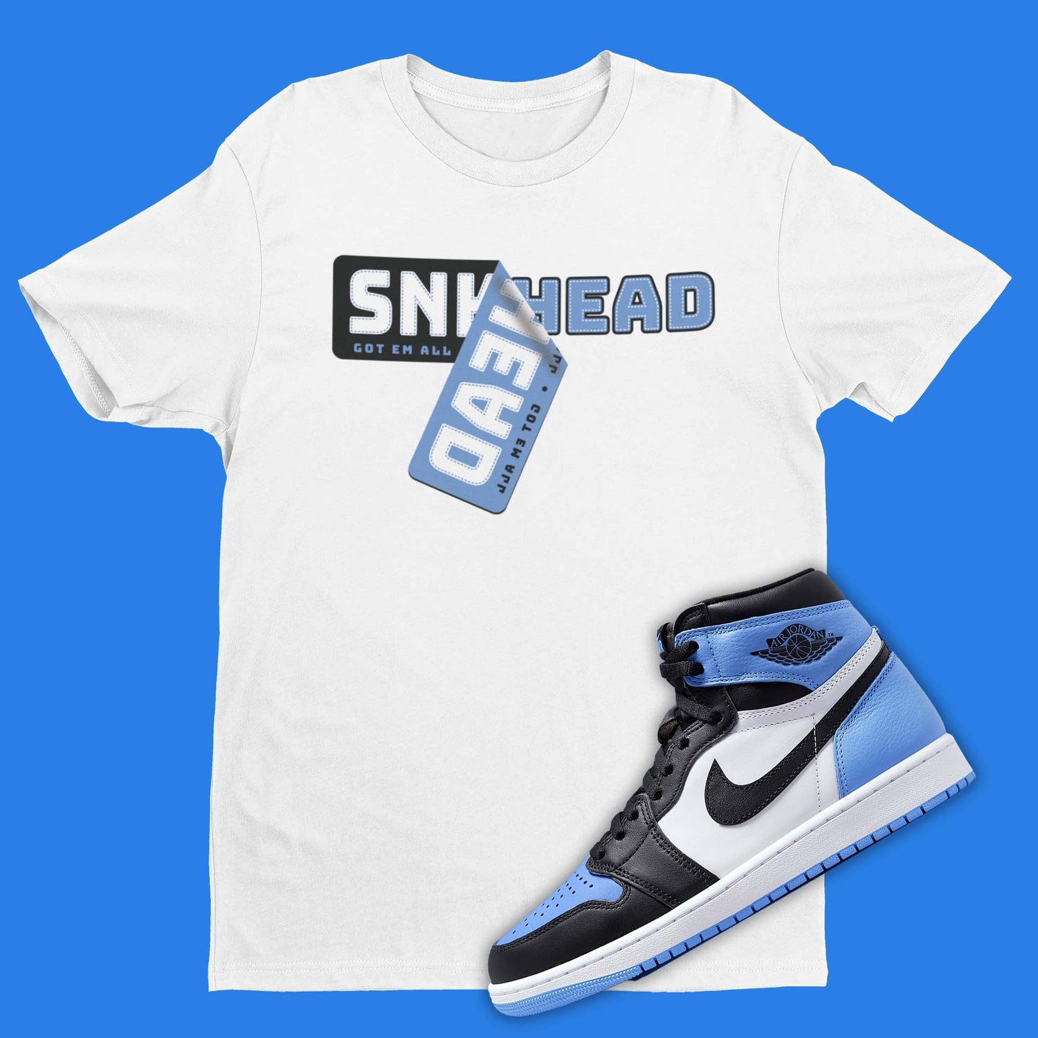 Air Jordan 1 Retro High OG UNC Toe inspired shirt with sneaker sticker shirt on the front