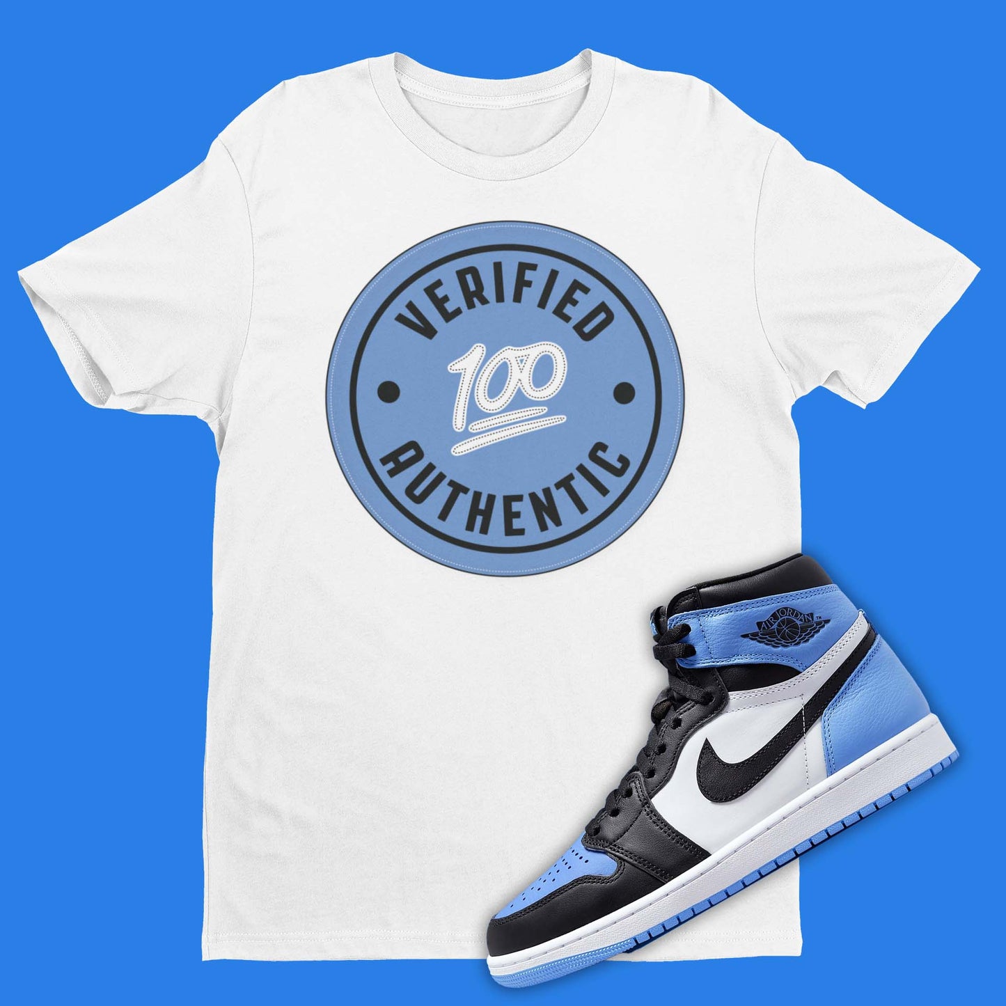Air Jordan 1 Retro High OG UNC Toe inspired t-shirt with authentication tag on the front and 100 emoji