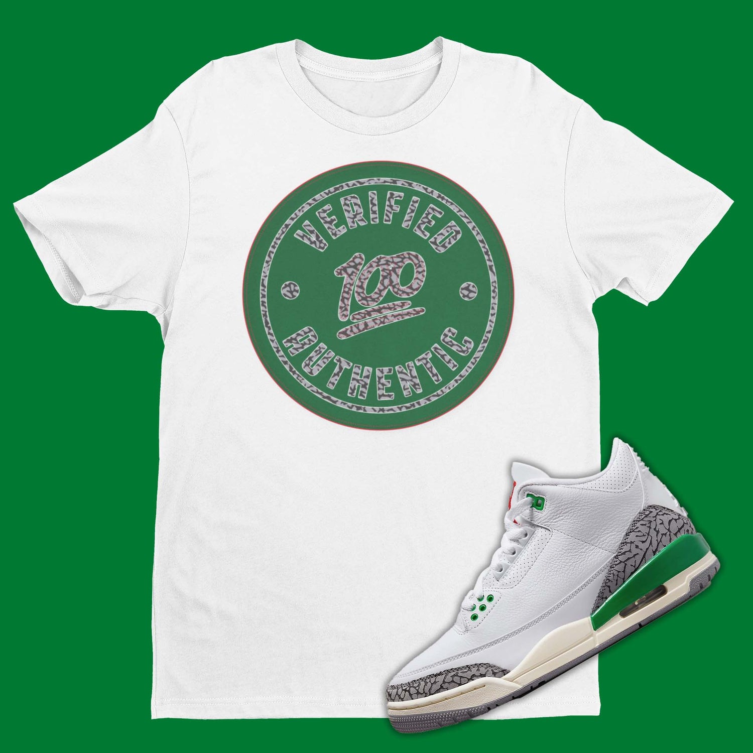 air jordan 3 lucky green matching t-shirt with authentica tag on the front