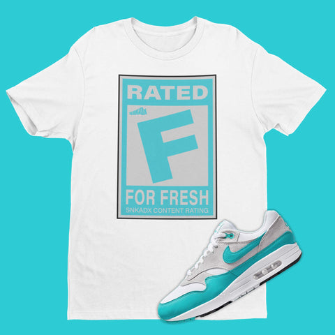 Nike Air Max 1 Clear Jade shirt in white color with video game rating F on the front
