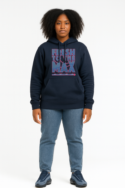 Woman wearing a navy hoodie with graphic design on a white background