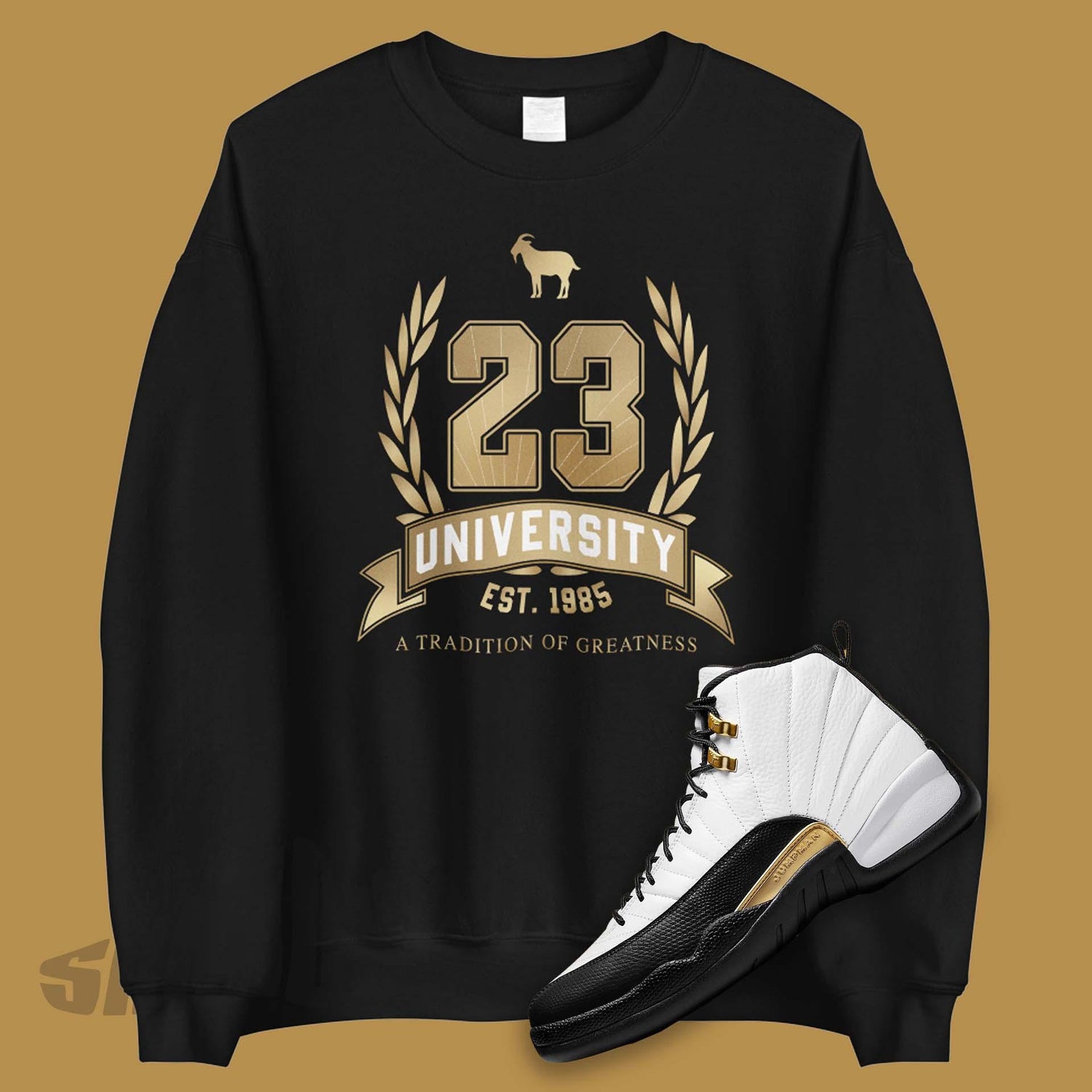 Goat Emoji in Gold University Crest on Black Sweater
