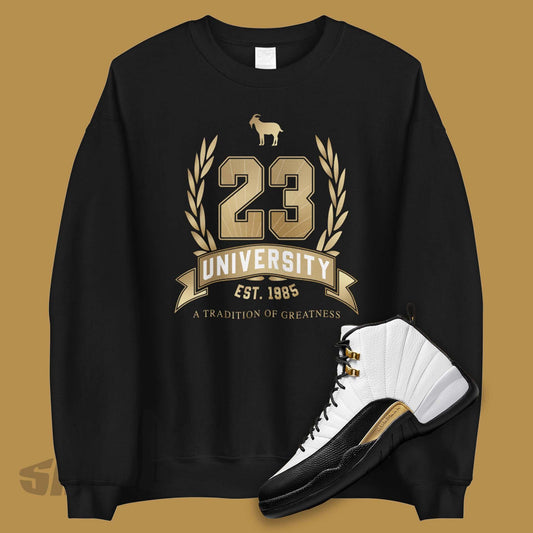 Goat Emoji in Gold University Crest on Black Sweater