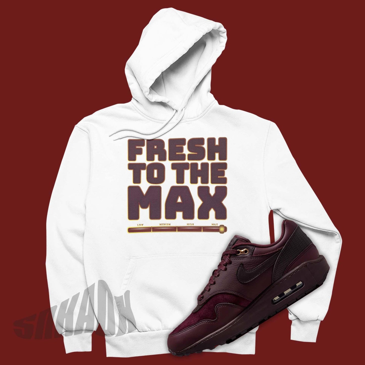 Nike Air Max 1 Burgundy Crush white hoodie