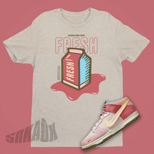 Fresh Strawberry Milk Carton on Tan Shirt