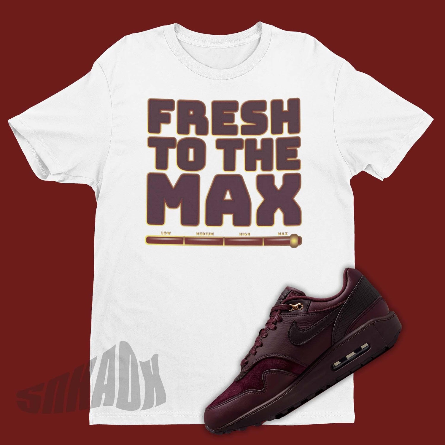 Nike Air Max 1 Burgundy Crush white shirt