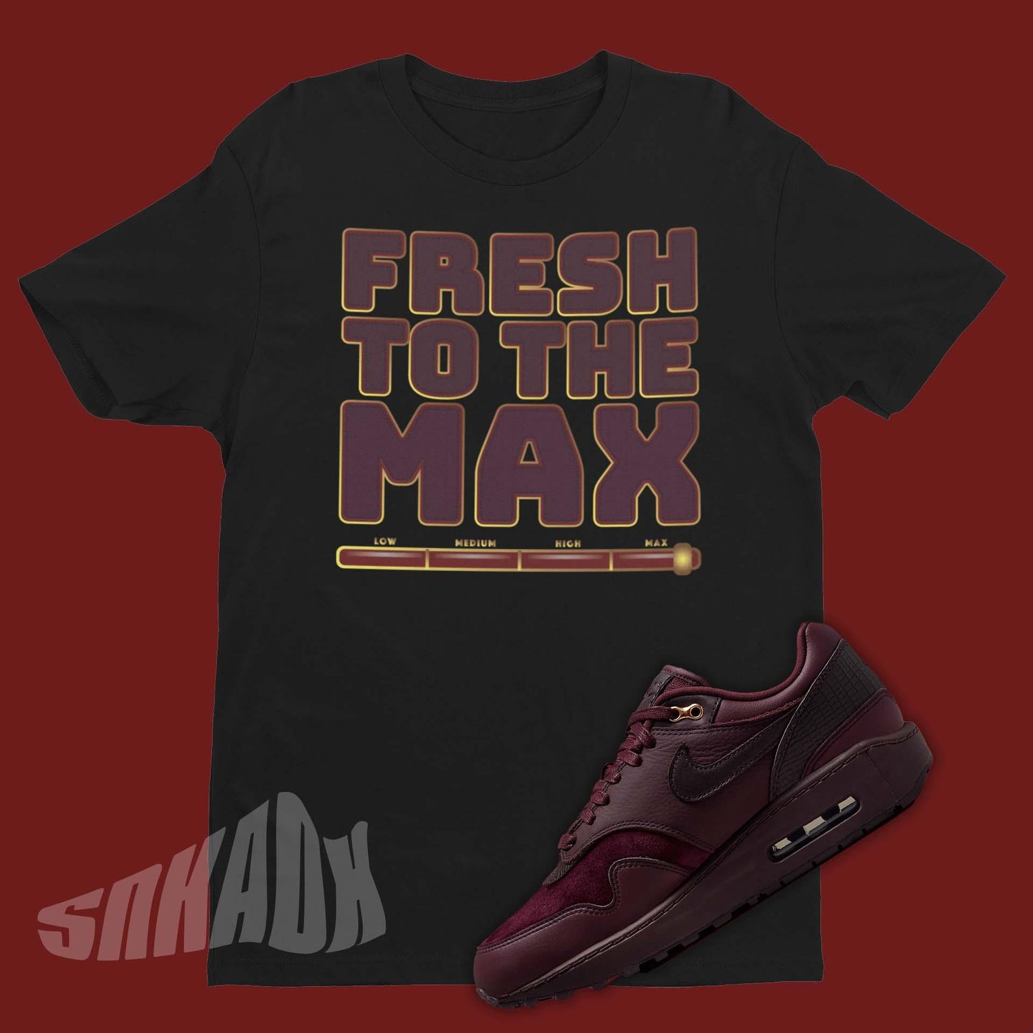 black Nike Air Max 1 Burgundy Crush matching shirt