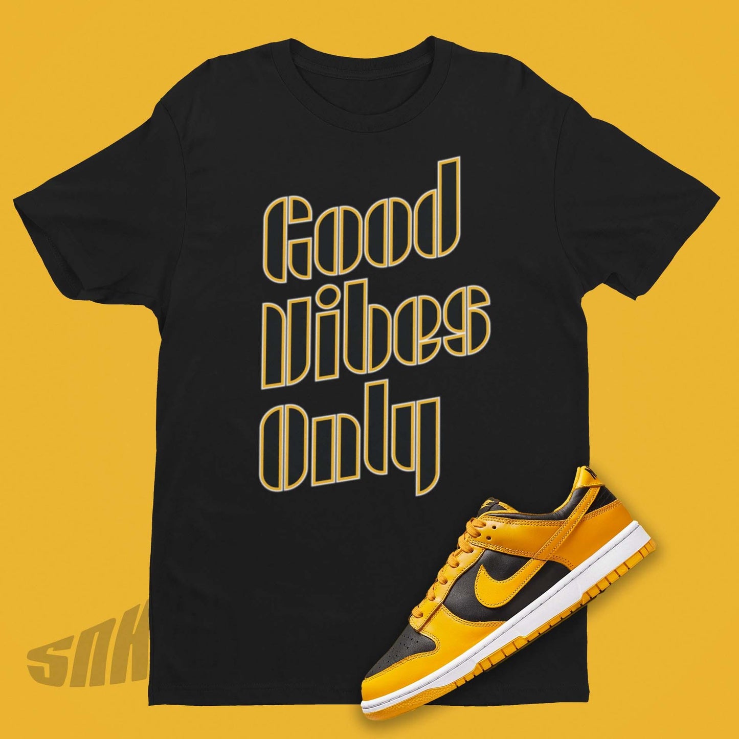 Good Vibes Only Shirt in Black with Nike Dunk Goldenrod