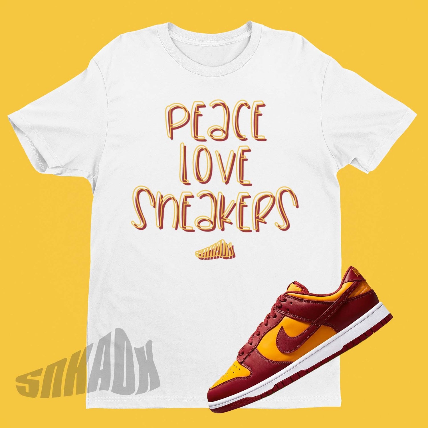 Nike Dunk Midas Gold Matching Shirt With Peace Love Sneakers On Front