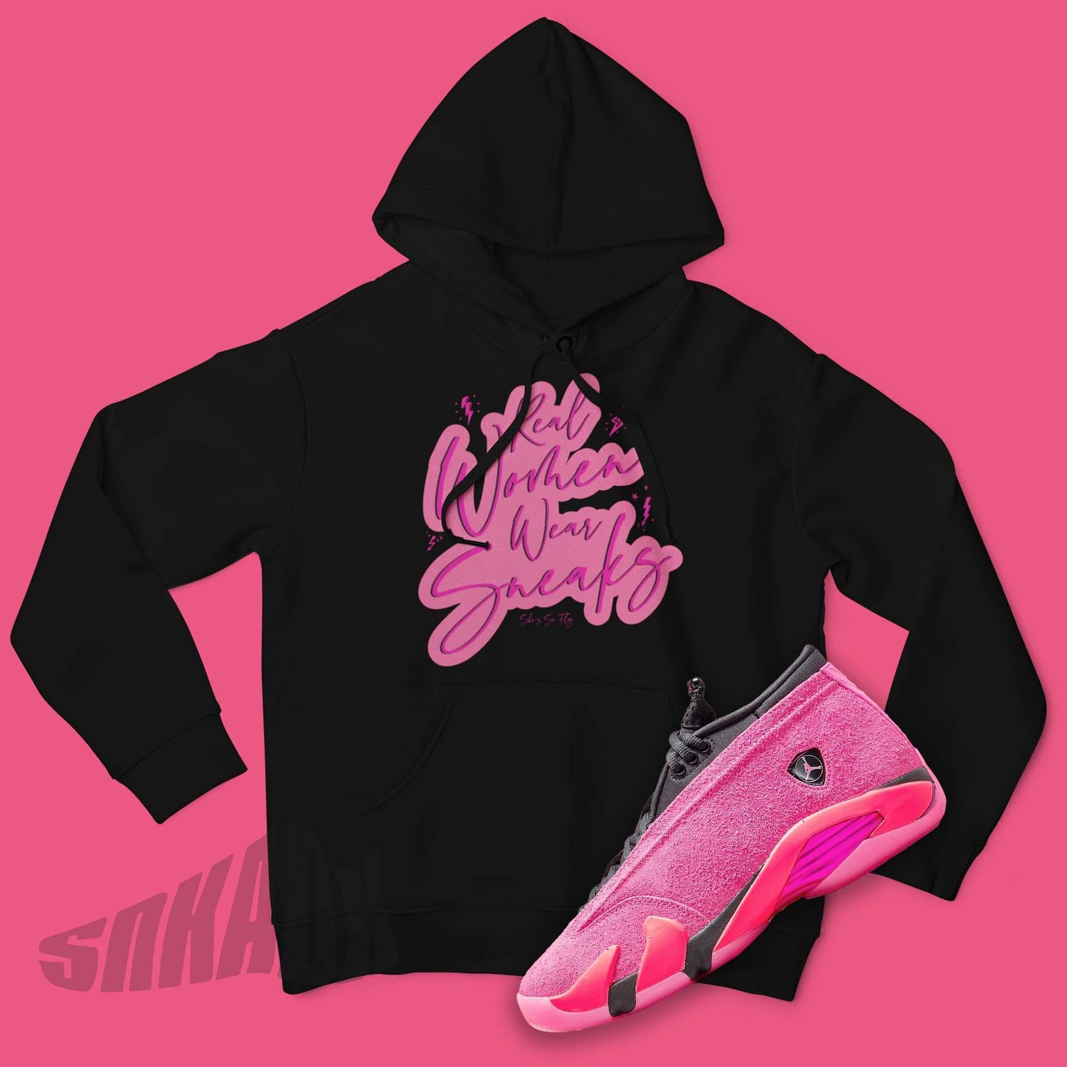 Pink Real Women Wear Sneakers on Black hoodie
