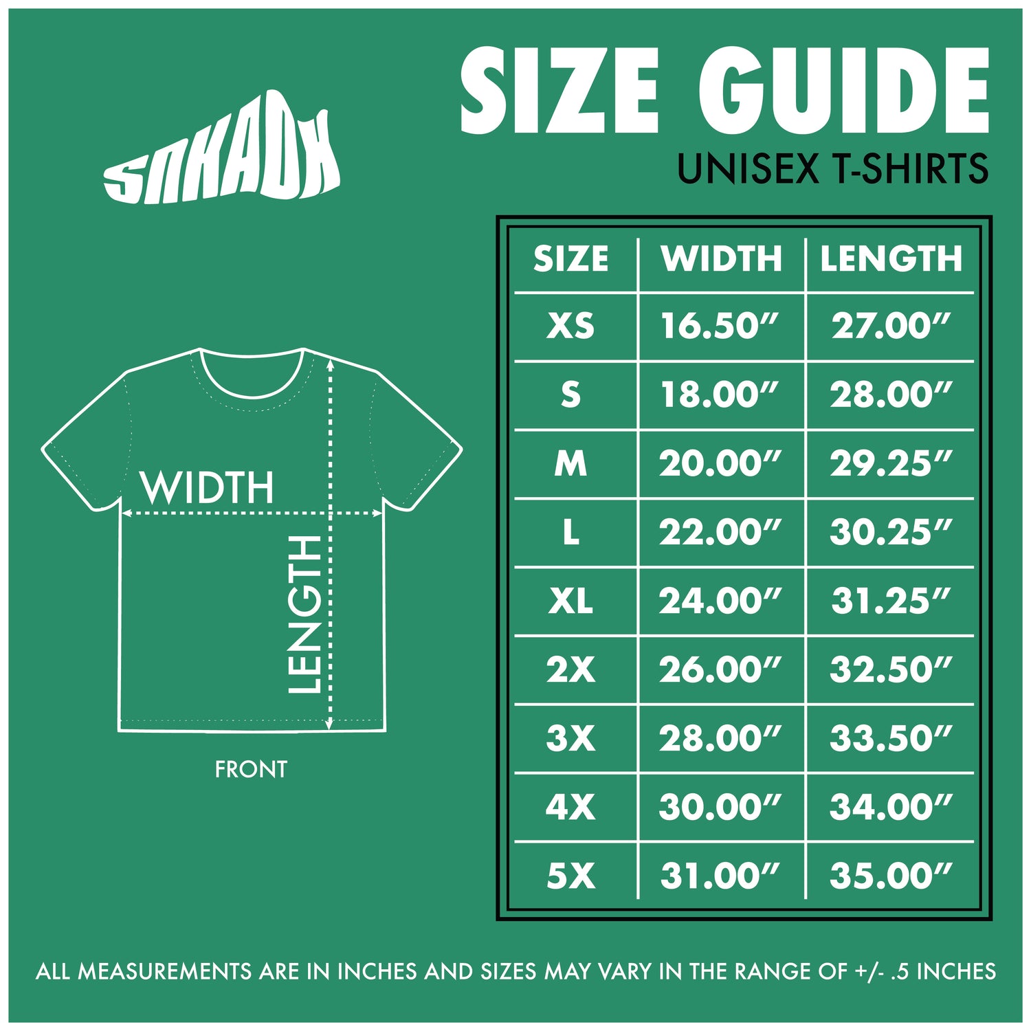green t-shirt size guide