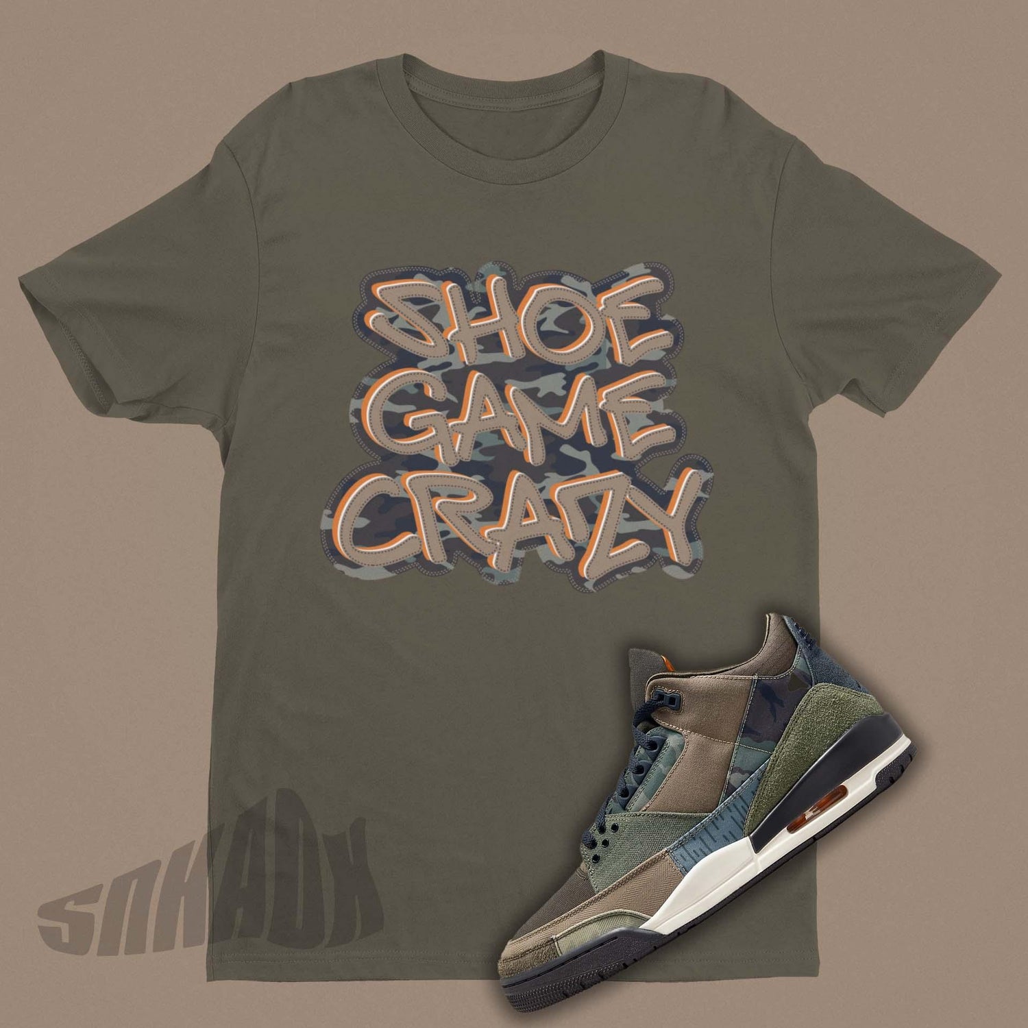 Military Camo Shirt with Shoe Game Crazy on front, Army Green Colored Shirt