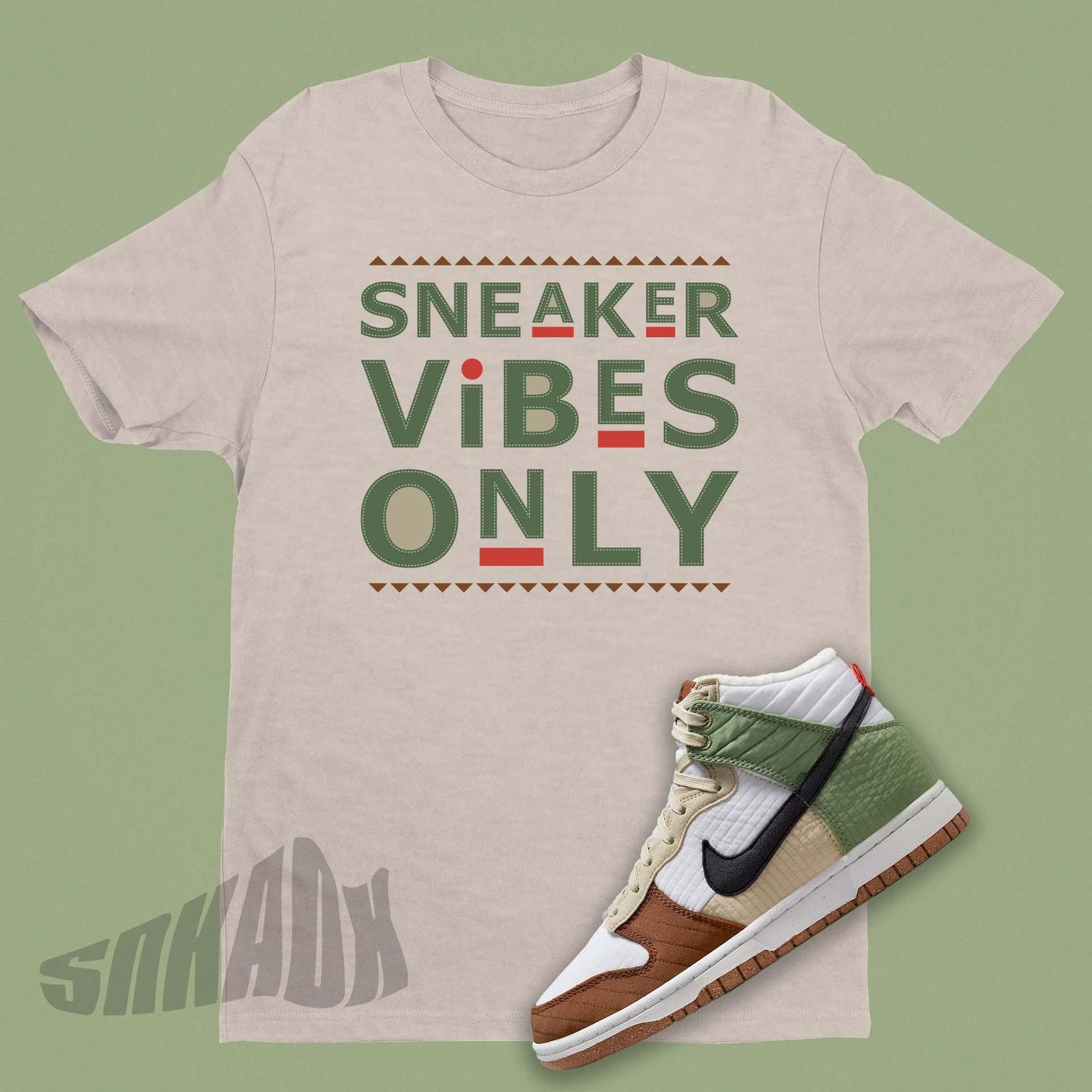 Sneaker Vibes Only in Green on Women's Tan Shirt to match Nike Dunk Toasty