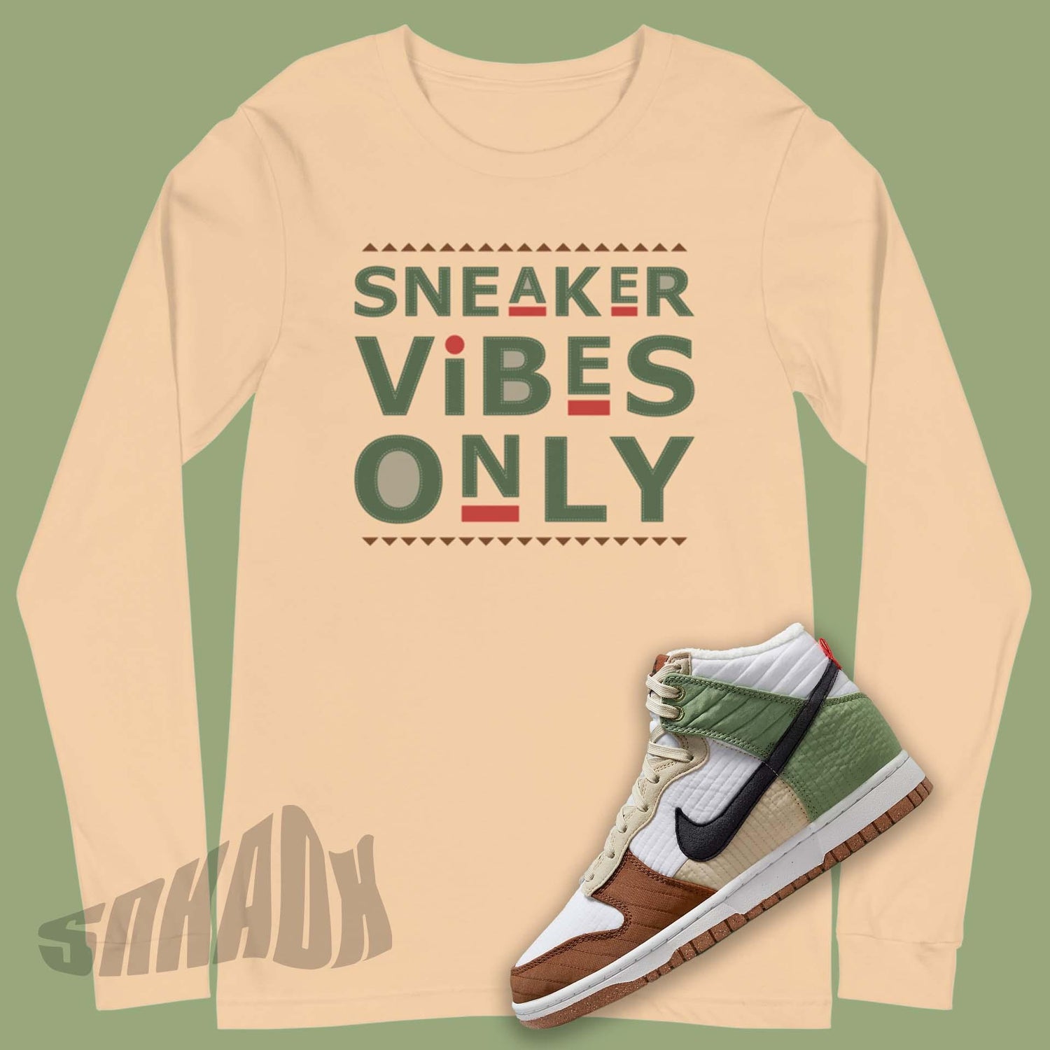 Long Sleeve Tan Shirt with Sneaker Vibes Only on front Sneaker Shirt