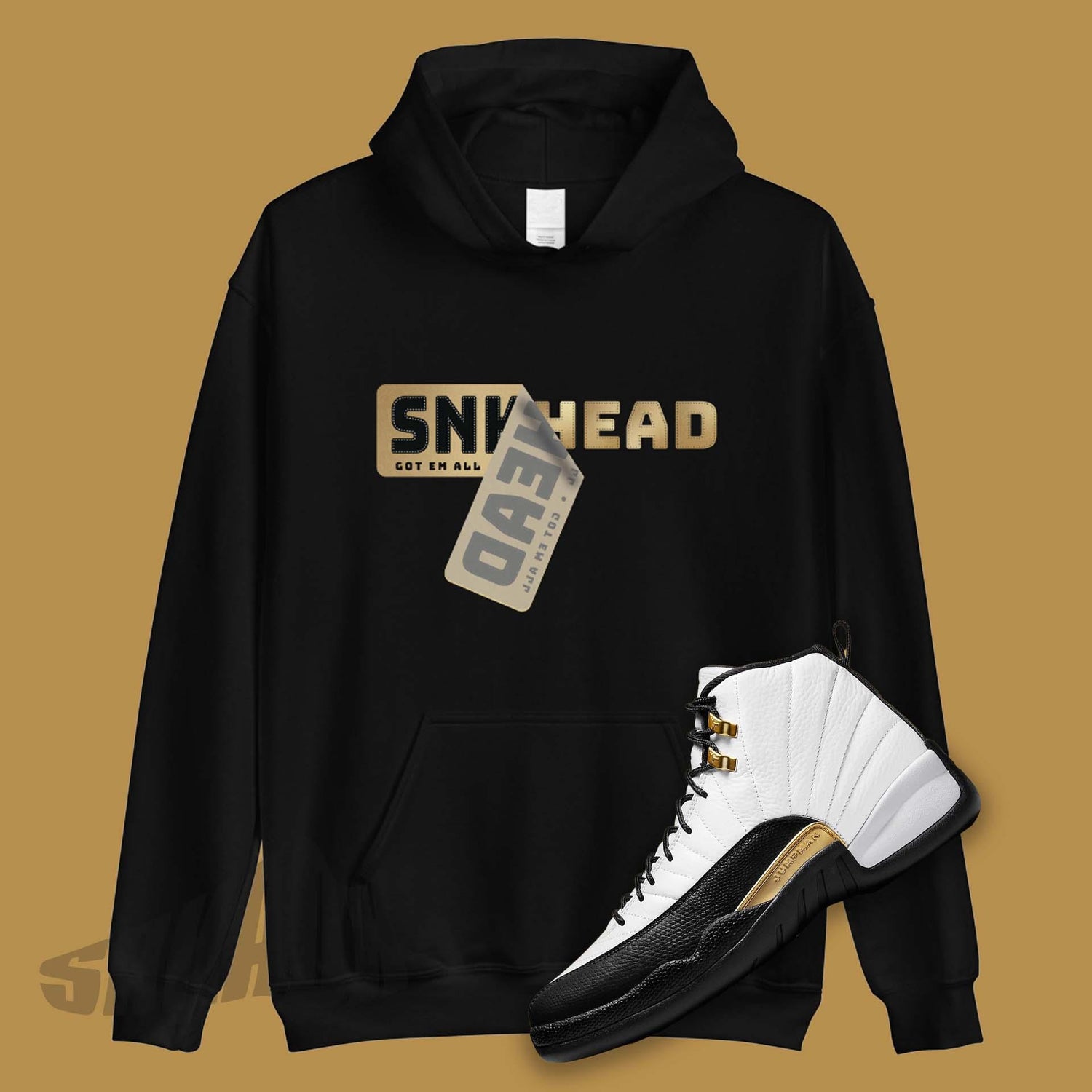 Gold Sneakerhead Sticker on black hoodie