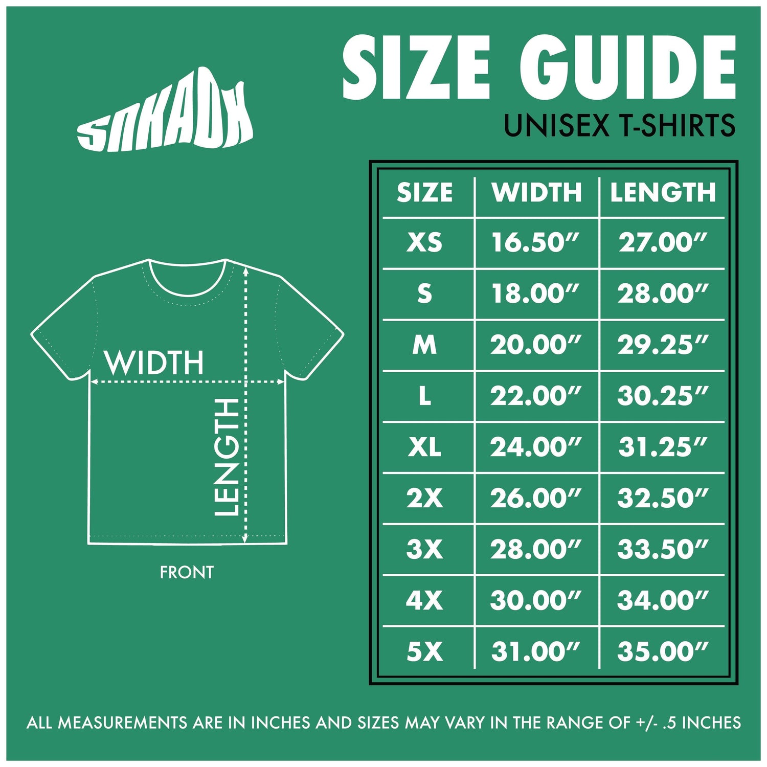 T-Shirt Size Guides For Unisex Shirt