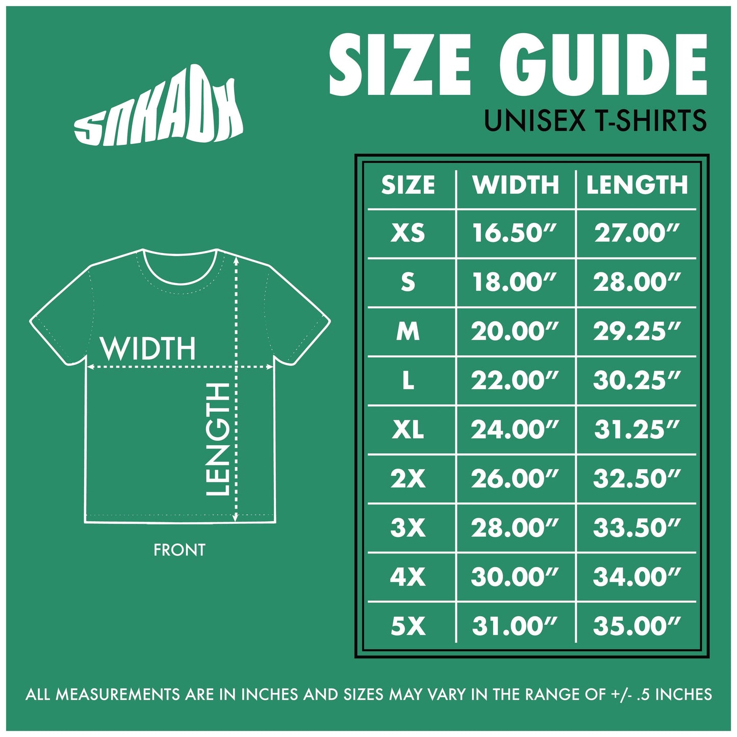 T-Shirt Size Chart Unisex Tees