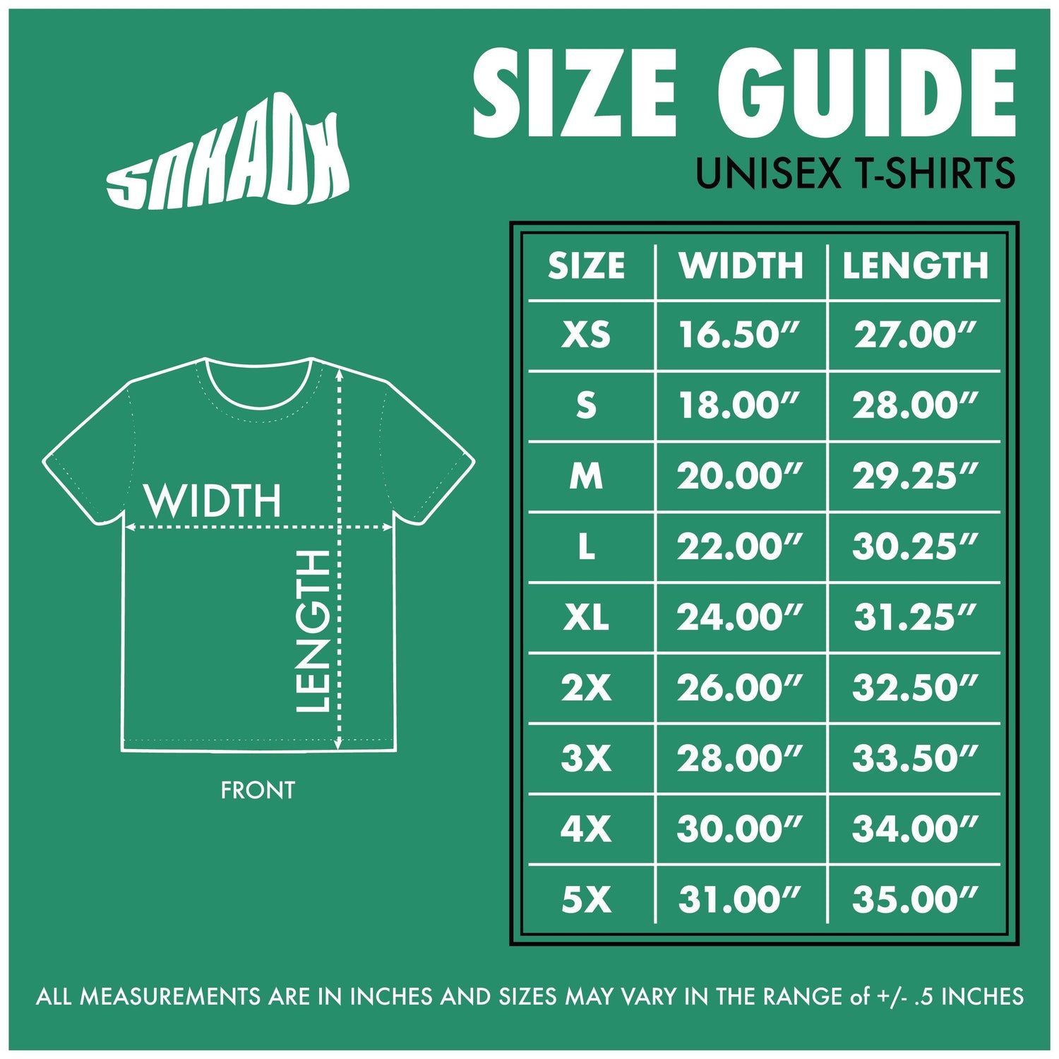 T-Shirt Size Guide Adult Sizes
